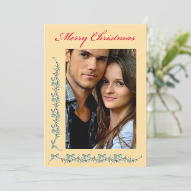 Bows and Sprigs - Photo & Christmas message Holiday Card (Standing Front)
