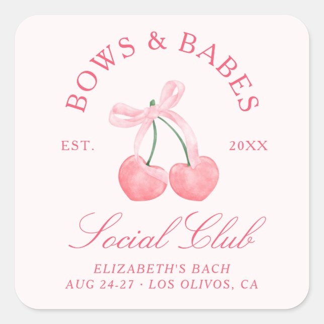 Bows & Babes Coquette Cherries Bachelorette Square Sticker (Front)