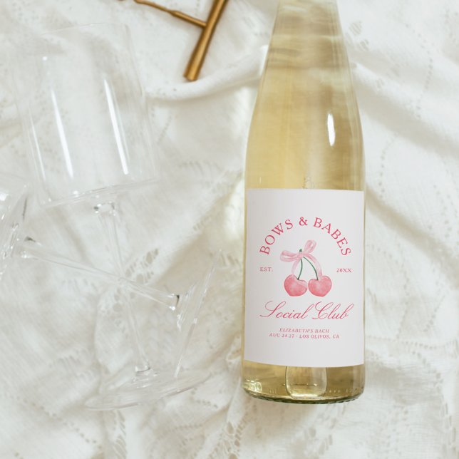 Bows & Babes Coquette Cherries Bachelorette Wine Label (Creator Uploaded)