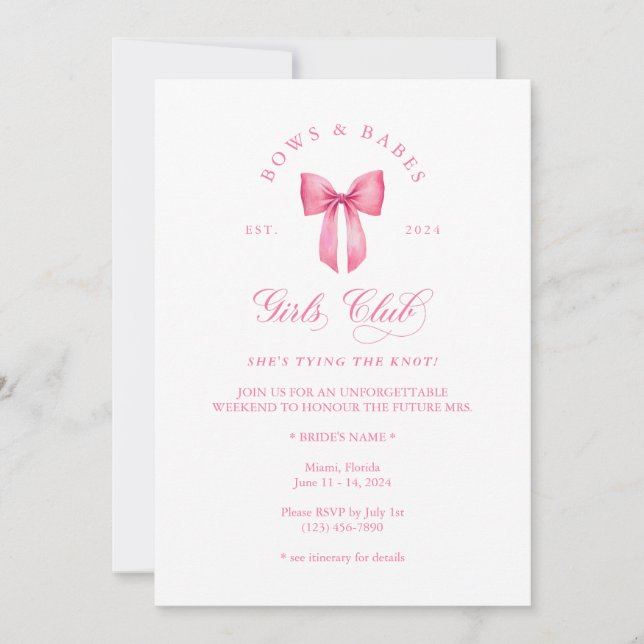 Bows & Babes Girls Club bachelorette invitation (Front)