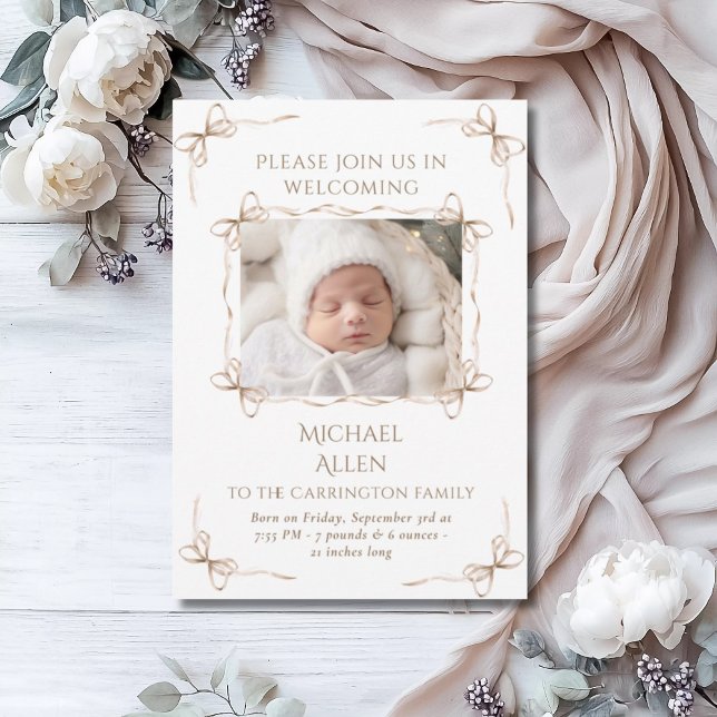Bows Baby Neutral Photo Birth Announcement Card (Creator Uploaded)