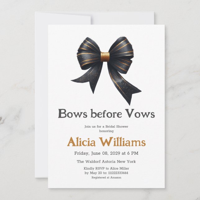 Bows before Vows Gold Black Bow Bridal Shower Invitation (Front)