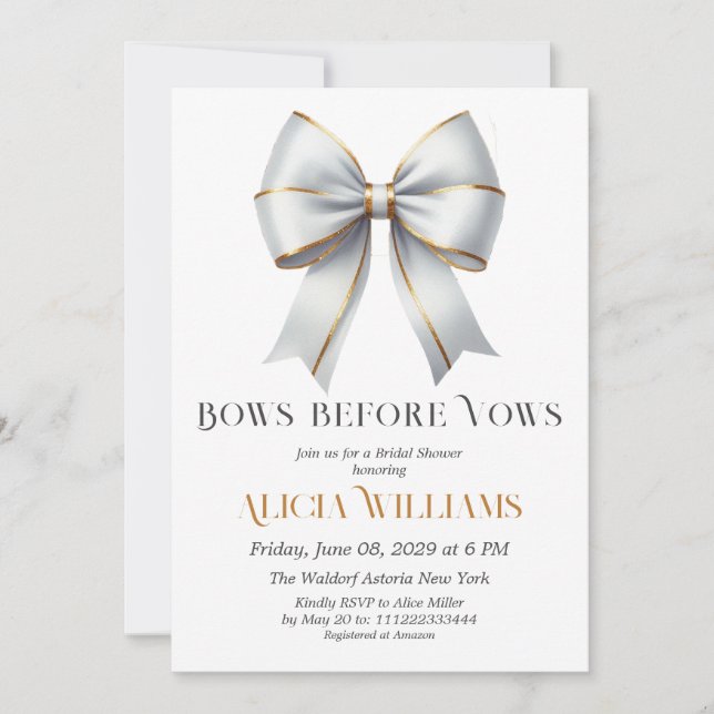 Bows before Vows Gold White Bow Bridal Shower Invitation (Front)