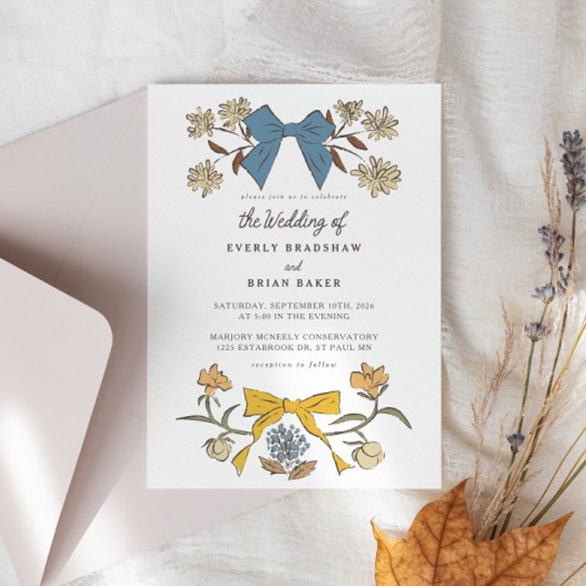 Bows & Blossoms Blue Yellow Coquette Wedding Invitation (Creator Uploaded)