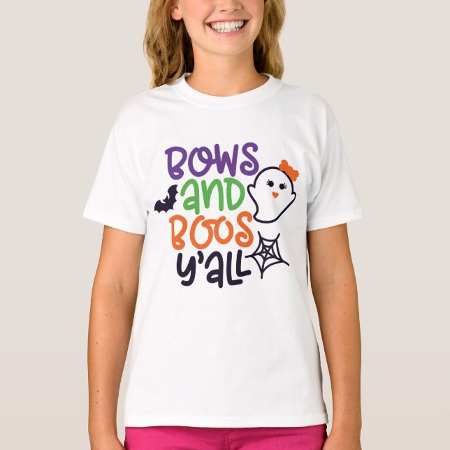 Bows & Boos Y'all, Fun Halloween T-Shirt (Front)