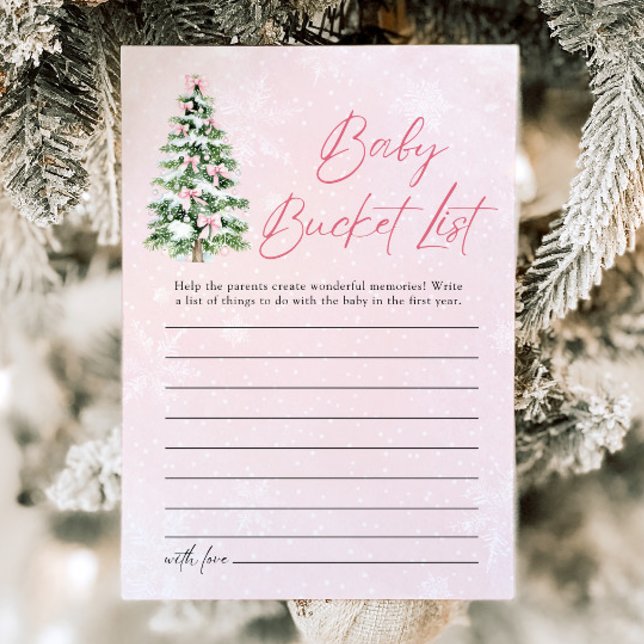 Bows Christmas Baby Bucket List Baby Shower Game Invitation (Pink Bows Christmas Baby Bucket List Baby Shower Game)
