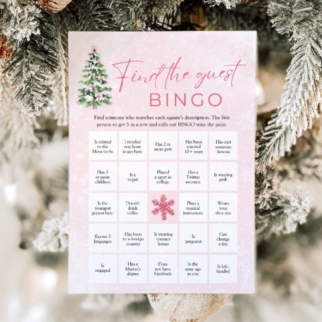 Bows Christmas Find the Guest Bingo Baby Shower Invitation (Pink Bows Christmas Find the Guest Bingo Baby Shower Game)
