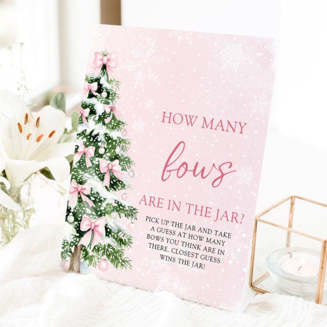 Bows Christmas Guess How Many Bows Baby Shower  Pedestal Sign (Pink Bows Christmas Guess How Many Bows Baby Shower Sign)