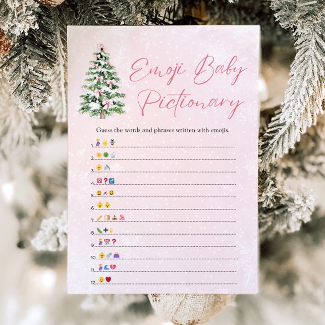 Bows Christmas Tree Baby Emoji Pictionary Game Invitation (Pink Bows Christmas Tree Baby Emoji Pictionary Game)