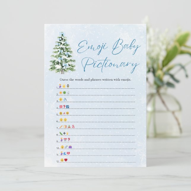 Bows Christmas Tree Baby Emoji Pictionary Game Invitation (Standing Front)