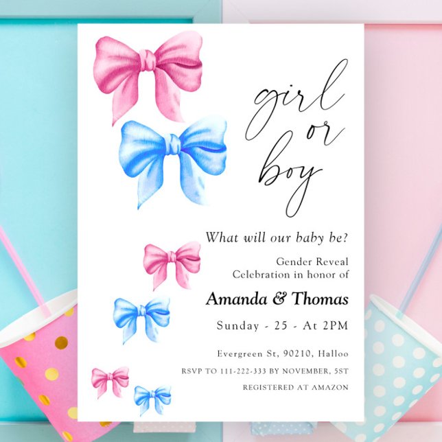 Bows Gender Reveal, Girl or Boy Invitation (Creator Uploaded)