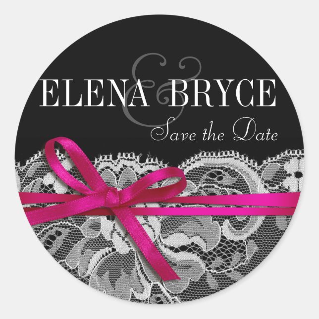 Bows Ribbon & Lace | black fuschia Classic Round Sticker (Front)