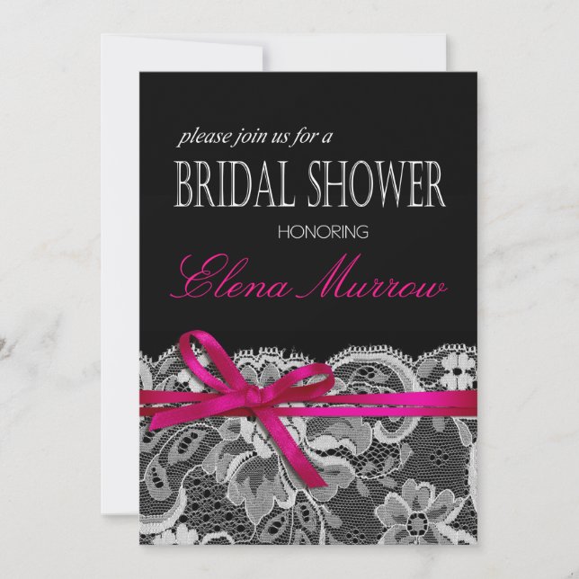Bows Ribbon & Lace Bridal Shower black fuschia Invitation (Front)