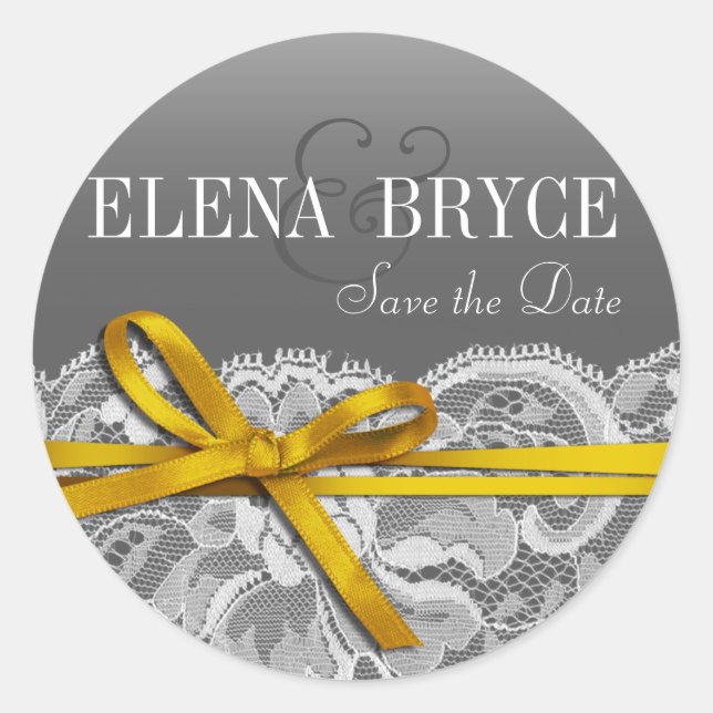 Bows Ribbon & Lace | grey yellow Classic Round Sticker (Front)