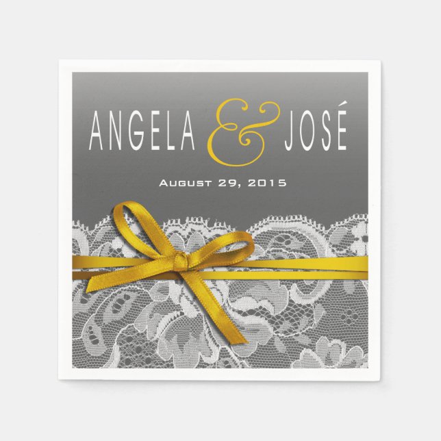 Bows Ribbon & Lace Wedding Party | grey yellow Napkin (Front)