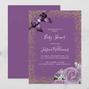 Bows & Roses, Gold Glitter Baby Shower Party Invitation