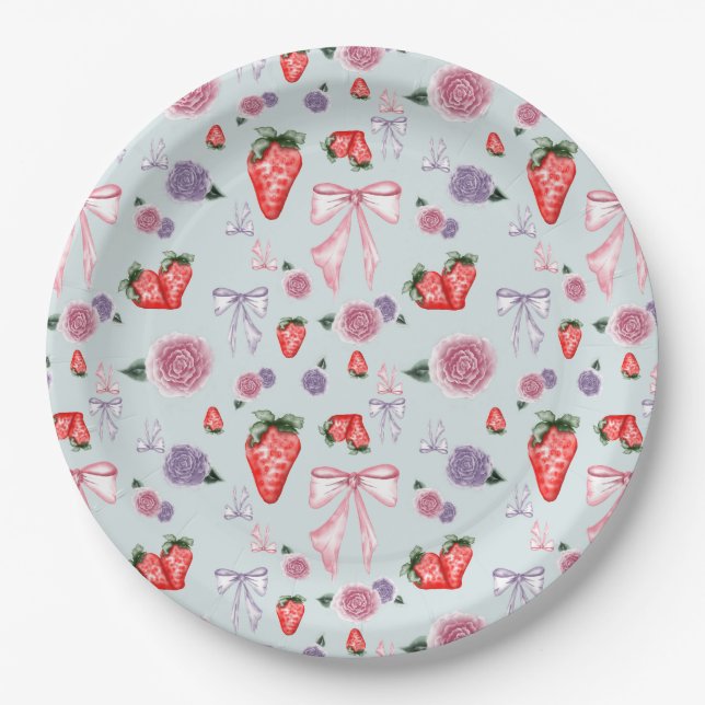 Bows, Roses & Strawberries Coquette Pattern  Paper Plate (Front)