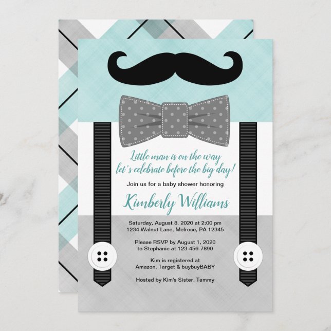Bowtie baby shower invitation mint grey little man (Front/Back)