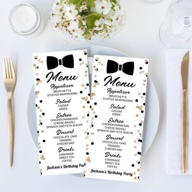 Bowtie Black and Gold Glitter Birthday Party Food Menu (Creator Uploaded)