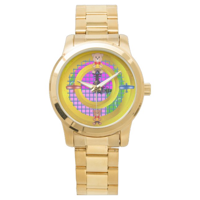 Bowtie Teddy Blue Red Planes Gold Rings Geometric  Watch (Front)