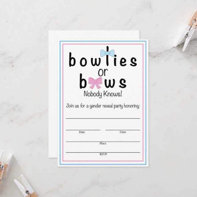 Bowties or Bows Gender Reveal Invitation 5x7in (Front/Back In Situ)