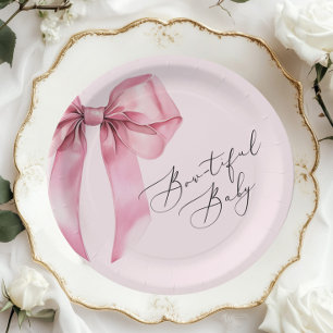 Bowtiful Baby Pink Bow Baby Shower Paper Plate