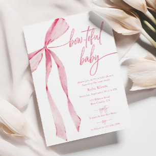 Bowtiful Watercolor Blush Pink Baby Shower Invitation
