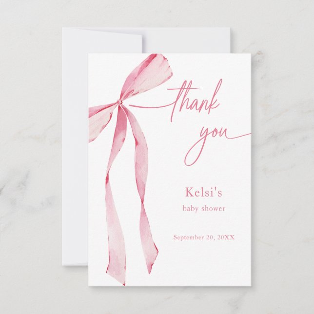 Bowtiful Watercolor Blush Pink Baby Shower Thank You Card (Front)