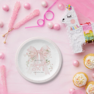 Bowtiiful One 1st Birthday Floral Bow Girls Paper Plate