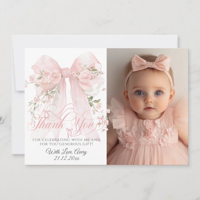 Bowtiiful One Photo 1st Birthday Floral Bow Girls Thank You Card (Front)