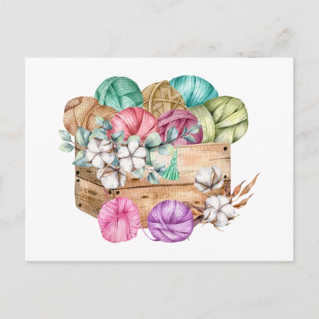 Box Full of Knitting Yarn and Cotton Flowers  Postcard (Front)