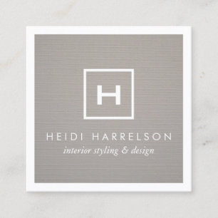 Box Logo Monogram on Grey Linen/White Border Square Business Card