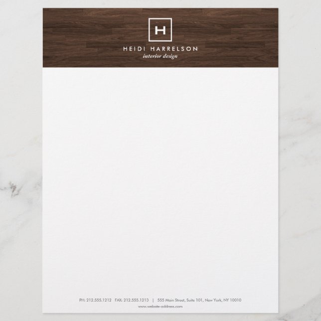 BOX LOGO with YOUR INITIAL/MONOGRAM on BROWN WOOD Personalized Letterhead (Front)