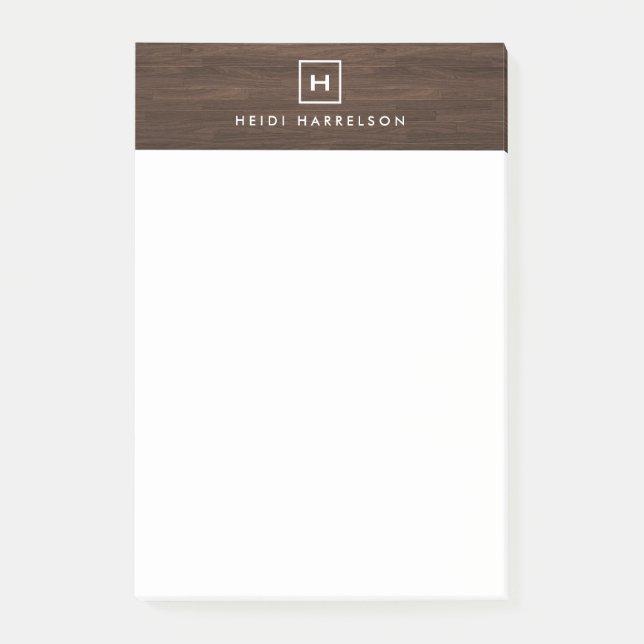 BOX LOGO with YOUR INITIAL/MONOGRAM on BROWN WOOD Post-it Notes (Front)