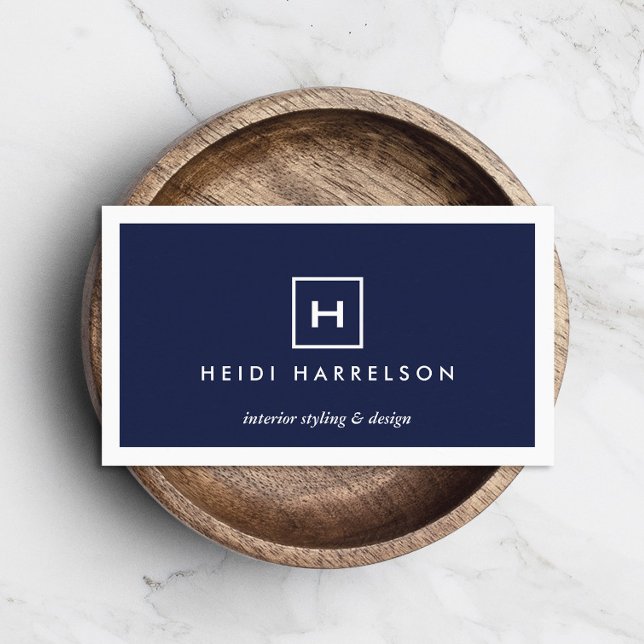 BOX LOGO with YOUR INITIAL/MONOGRAM on DARK BLUE Business Card (Creator Uploaded)