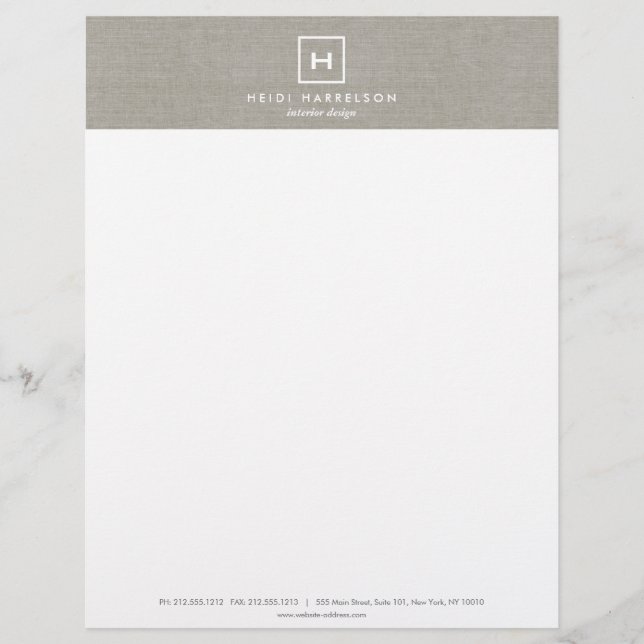 BOX LOGO with YOUR INITIAL/MONOGRAM on KHAKI LINEN Personalised Letterhead (Front)
