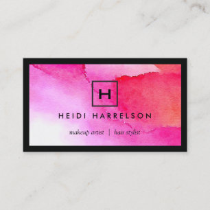 Box Logo with Your Initial on Bold Pink Watercolor Business Card