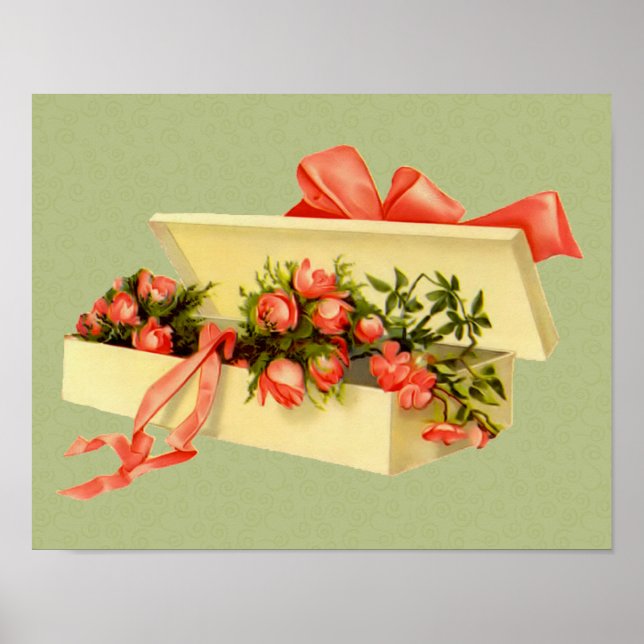 Box Of Pink Roses Bouquet Vintage Art  Poster (Front)