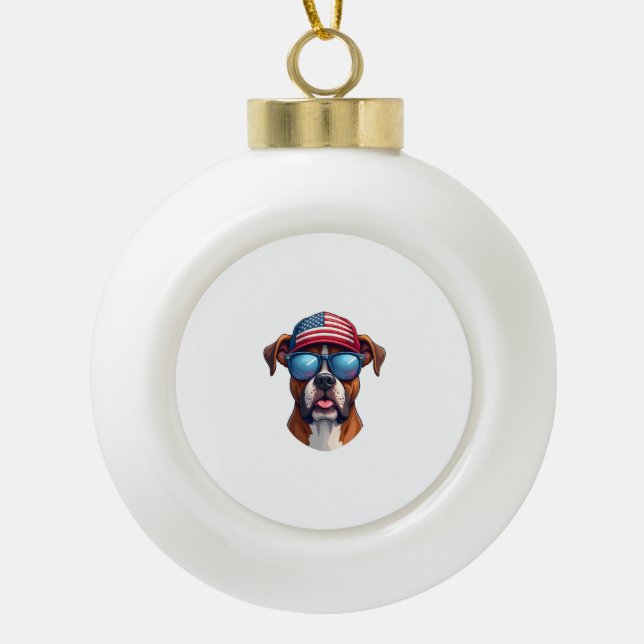 Boxer 4th of July Ceramic Ball Christmas Ornament (Front)