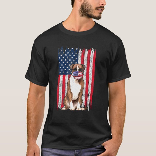 Boxer American Flag Dog Wears Face Mask 4th Of Jul T-Shirt (Front)