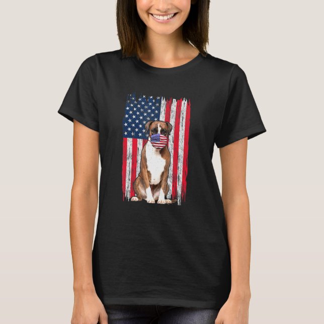 Boxer American Flag Dog Wears Face Mask 4th Of Jul T-Shirt (Front)