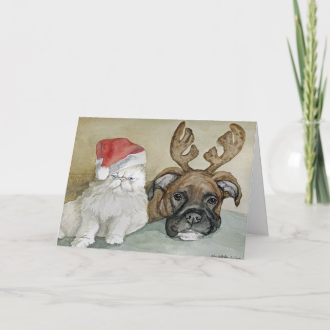 "Boxer and Cat" Dog Art Greeting Card (Front)
