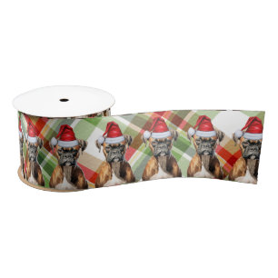 Boxer and Holiday Plaid Funny Dog Christmas Satin Ribbon