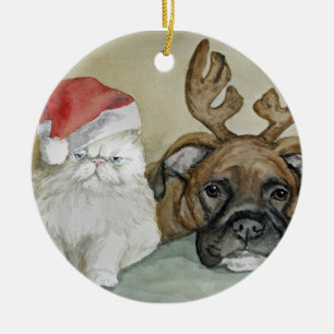 Boxer and Persian Cat Art Ornament