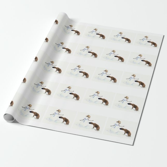 Boxer and Snowman Dog Art Wrapping Paper (Unrolled)