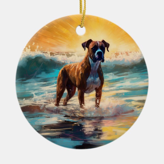 Boxer Beach Surfing Painting Ceramic Tree Decoration (Front)