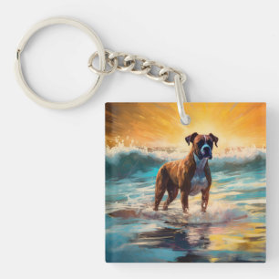 Boxer Beach Surfing Painting Key Ring