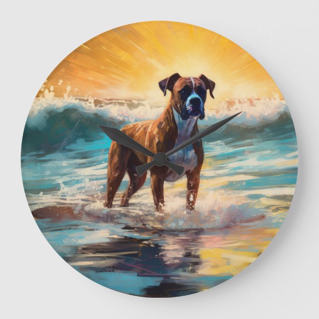 Boxer Beach Surfing Painting Large Clock (Front)