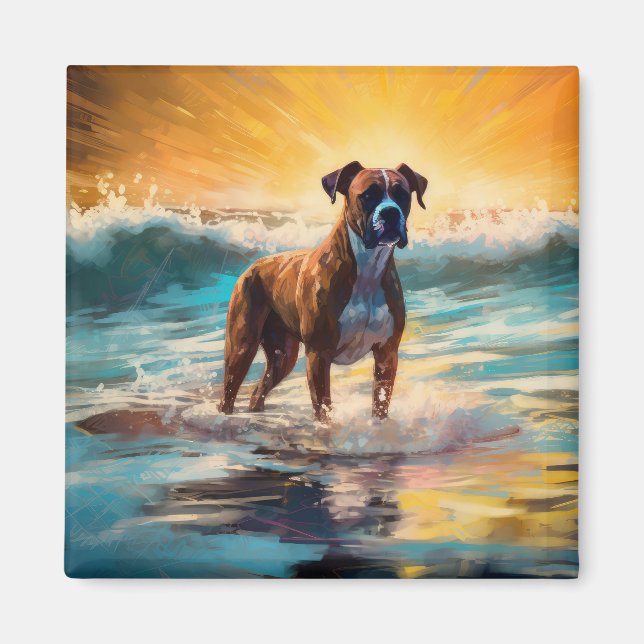 Boxer Beach Surfing Painting Magnet (Front)