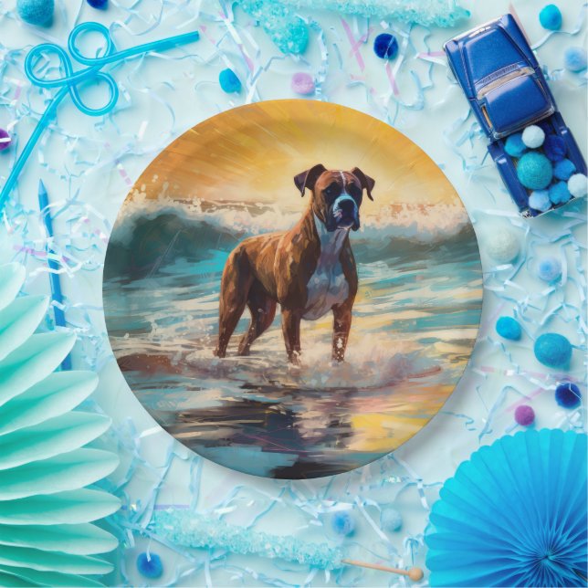 Boxer Beach Surfing Painting Paper Plate (Party)
